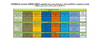 جدول زمانبندی «انتخاب واحد » نیمسال دوم سال تحصیلی 1401-1400 (نیمسال 2-1400) به تفکیک گروههای آموزشی مختلف 2