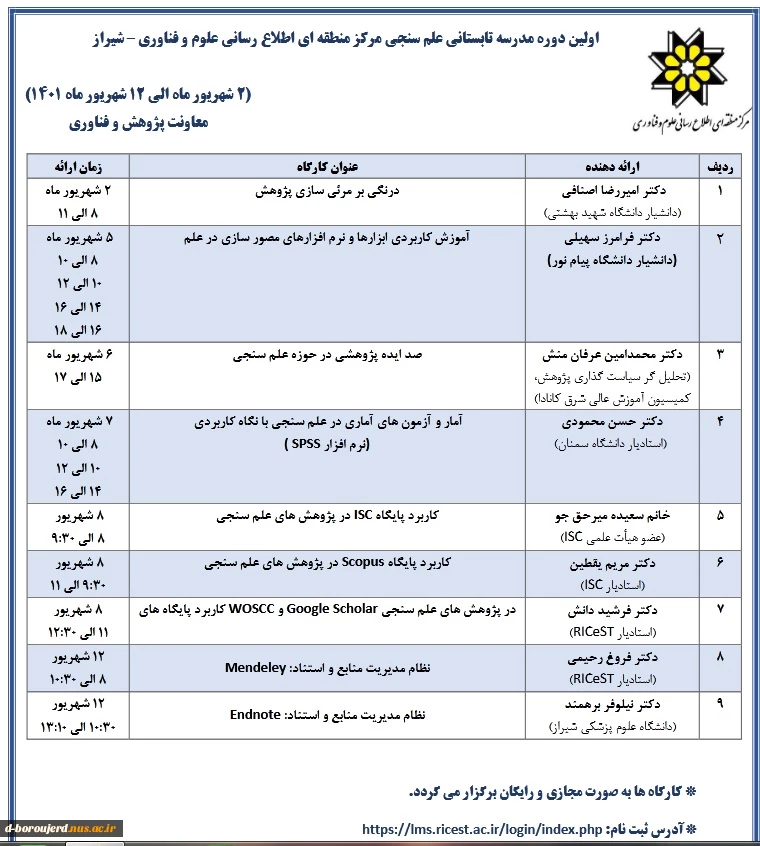 اولین دوره مدرسه تابستانی علم سنجی مرکز منطقه ای اطلاع رسانی علوم و فناوری–شیراز 3