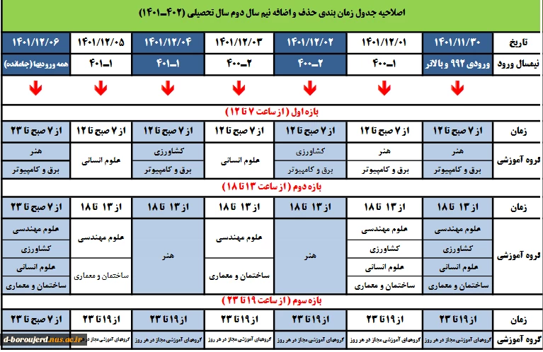 اصلاحیه جدول زمانبندی حذف و اضافه نیمسال دوم سال تحصیلی (402-1401) 2